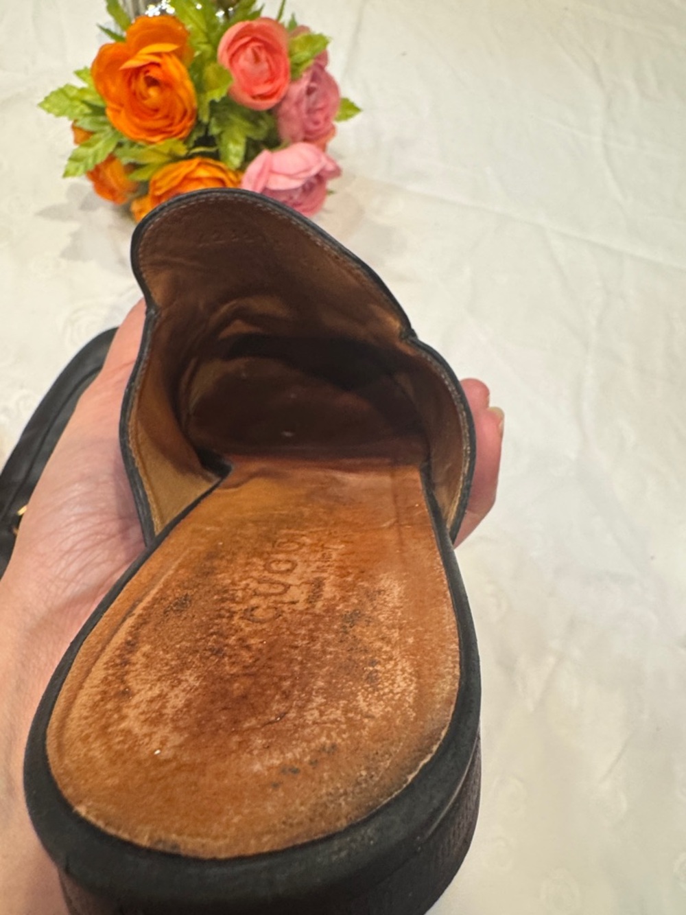 Authentic Gucci Leather Slip-On Mules with Gold Horsebit Hardware - Picture 9 of 10